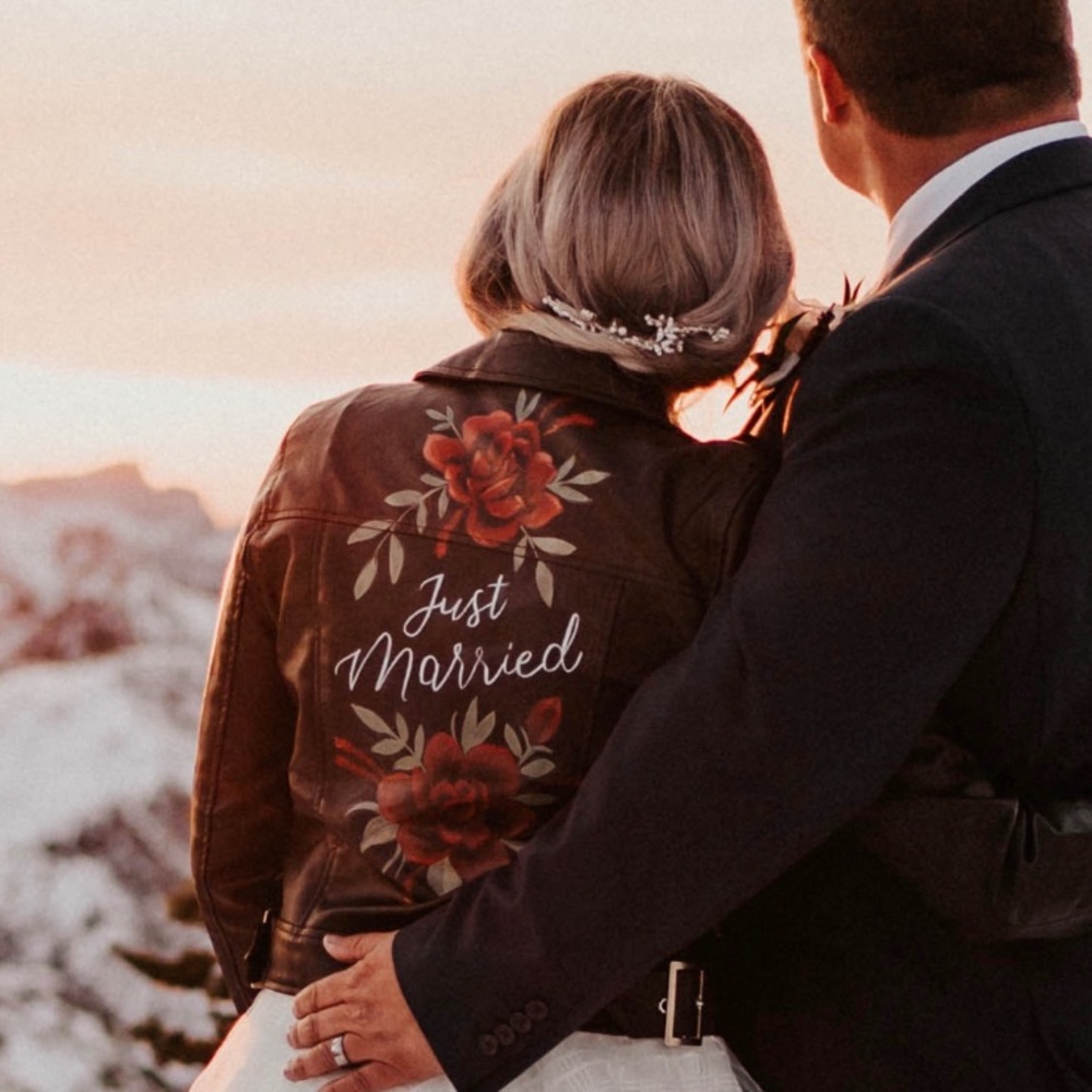 Just Married Bride Moto Leather Jacket Small